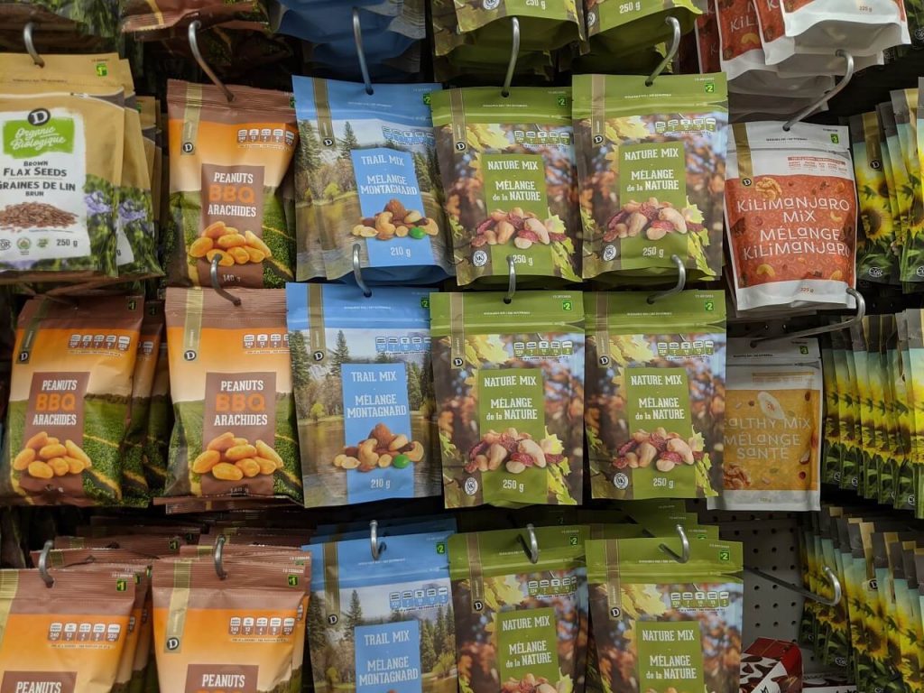 Face on view of nut and seed packages at dollar store